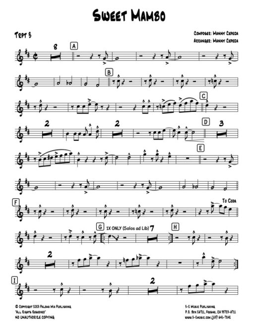 Sweet Mambo trumpet 3 (Download) Latin jazz big band sheet music www.3-2music.com composer and arranger Manny Cepeda big band 4-4-5 instrumentation