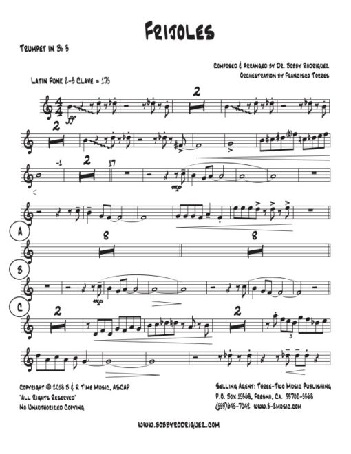 Frijoles trumpet 3 (Download) Latin jazz printed sheet music www.3-2 music.com composer and arranger Bobby Rodriguez big band 4-4-5 instrumentation
