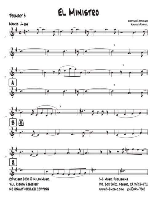 El Ministro trumpet 3 (Download) Latin jazz printed sheet music www.3-2music.com composer and Humberto Ramirez big band 4-4-5 instrumentation
