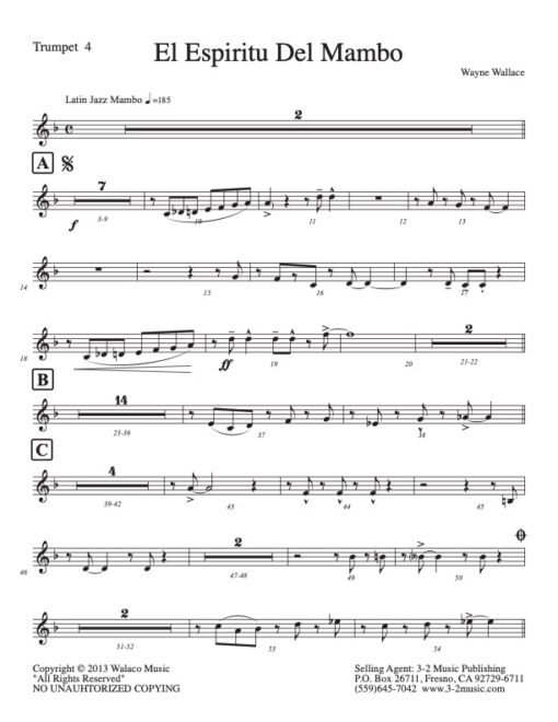 El Espiritu Del Mambo trumpet 4 (Download) Latin jazz printed sheet music www.3-2music.com composer and arranger Wayne Wallace big band 4-4-5