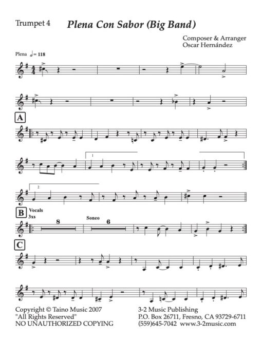 Plena Con Sabor trumpet 4 (Download) Latin jazz printed sheet music www.3-2music.com composer and arranger Oscar Hernandez big band (4-4-5) instrumentation