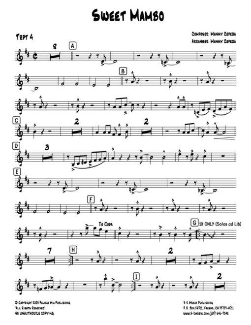Sweet Mambo trumpet 4 (Download) Latin jazz big band sheet music www.3-2music.com composer and arranger Manny Cepeda big band 4-4-5 instrumentation
