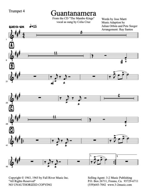 Guantanamera trumpet 4 (Download) Latin jazz printed sheet music www.3-2music.com composer and arranger Pete Seeger big band 4-4-5 instrumentation