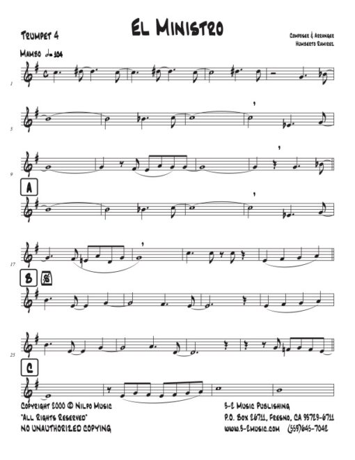 El Ministro trumpet 4 (Download) Latin jazz printed sheet music www.3-2music.com composer and Humberto Ramirez big band 4-4-5 instrumentation