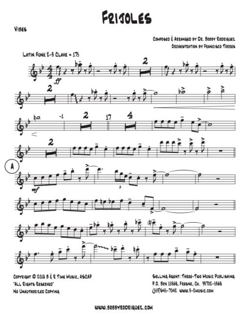 Frijoles vibes (Download) Latin jazz printed sheet music www.3-2 music.com composer and arranger Bobby Rodriguez big band 4-4-5 instrumentation