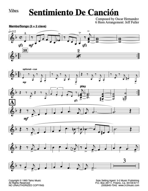 Sentimiento de Canción V.1 vibes (Download) Latin jazz printed sheet music www.3-2music.com composer and arranger Oscar Hernández little big band