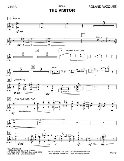 The Visitor vibraphone (Download) Latin jazz printed sheet music www.3-2music.com composer and arranger Roland Vazquez big band 4-4-5 instrumentation