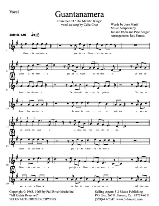 Guantanamera vocal (Download) Latin jazz printed sheet music www.3-2music.com composer and arranger Pete Seeger big band 4-4-5 instrumentation