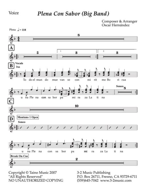 Plena Con Sabor voice (Download) Latin jazz printed sheet music www.3-2music.com composer and arranger Oscar Hernandez big band (4-4-5) instrumentation