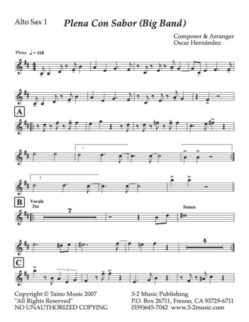 Plena Con Sabor alto 1 (Download) Latin jazz printed sheet music www.3-2music.com composer and arranger Oscar Hernandez big band (4-4-5) instrumentation