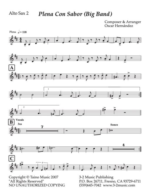 Plena Con Sabor alto 2 (Download) Latin jazz printed sheet music www.3-2music.com composer and arranger Oscar Hernandez big band (4-4-5) instrumentation