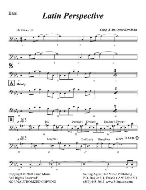Latin Perspective bass (Download) Latin jazz sheet sheet music www.3-2music.com composer and arranger Oscar Hernández little big band instrumentation