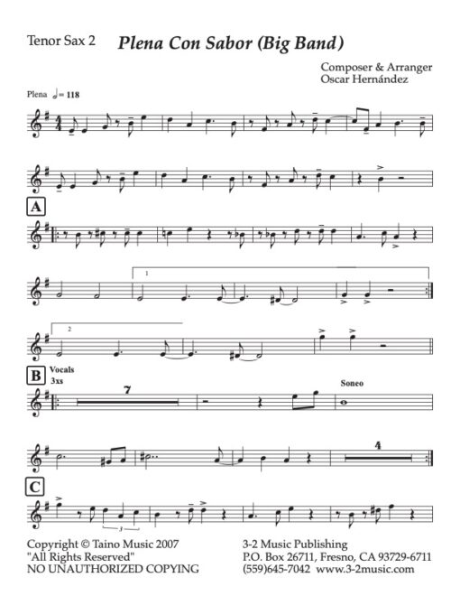 Plena Con Sabor tenor 2 (Download) Latin jazz printed sheet music www.3-2music.com composer and arranger Oscar Hernandez big band (4-4-5) instrumentation